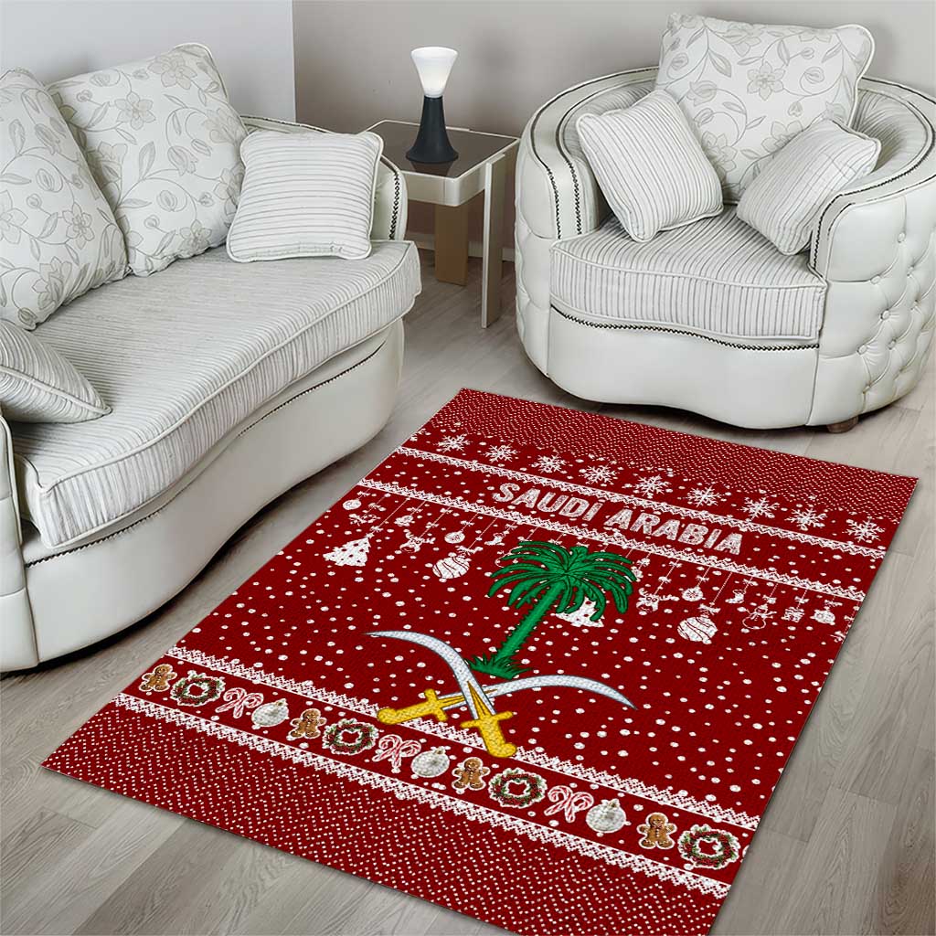 Saudi Arabia Christmas Area Rug with Red Festive Pattern, National Emblem with Palm and Swords, and Map Motif - Wonder Print Shop