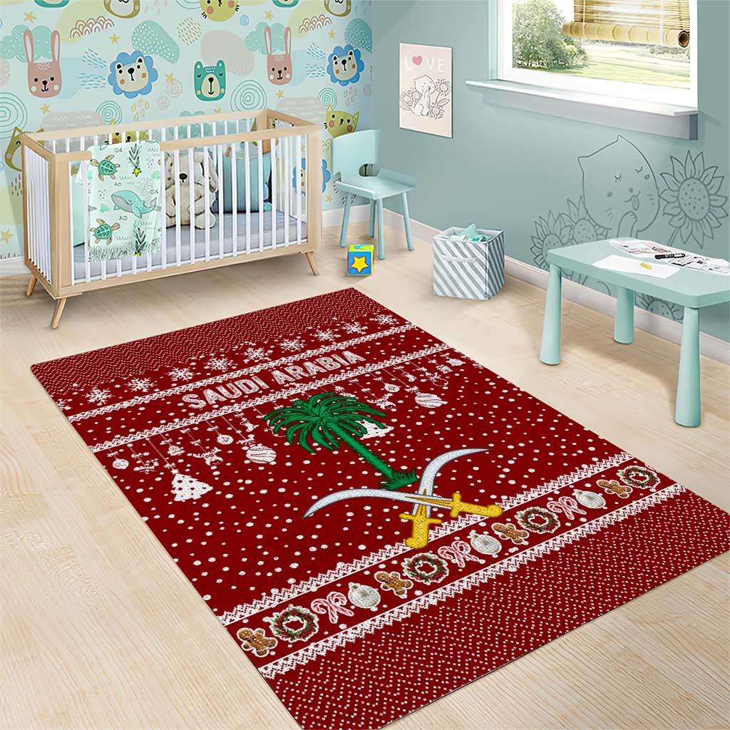 Saudi Arabia Christmas Area Rug with Red Festive Pattern, National Emblem with Palm and Swords, and Map Motif - Wonder Print Shop