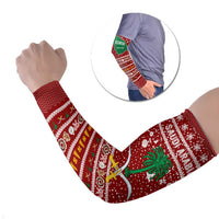 Saudi Arabia Christmas Arm Sleeves with Red Festive Pattern, National Emblem with Palm and Swords, and Map Motif - Wonder Print Shop