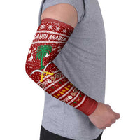 Saudi Arabia Christmas Arm Sleeves with Red Festive Pattern, National Emblem with Palm and Swords, and Map Motif - Wonder Print Shop
