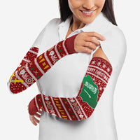 Saudi Arabia Christmas Arm Sleeves with Red Festive Pattern, National Emblem with Palm and Swords, and Map Motif - Wonder Print Shop