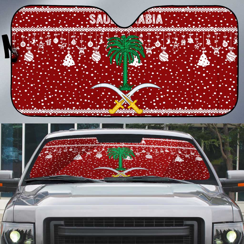 Saudi Arabia Christmas Auto Sun Shade with Red Festive Pattern, National Emblem with Palm and Swords, and Map Motif - Wonder Print Shop