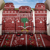 Saudi Arabia Christmas Back Car Seat Cover with Red Festive Pattern, National Emblem with Palm and Swords, and Map Motif - Wonder Print Shop