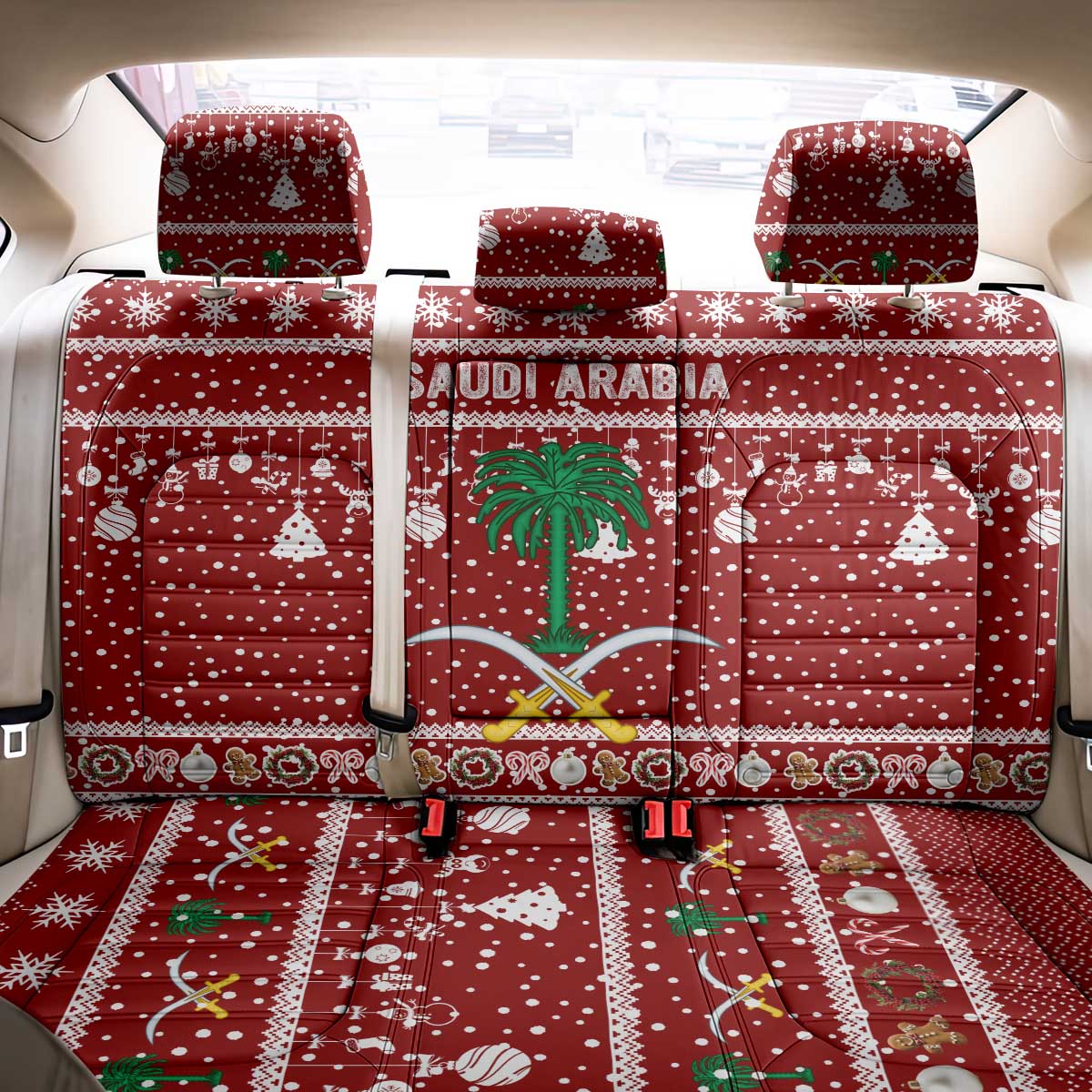 Saudi Arabia Christmas Back Car Seat Cover with Red Festive Pattern, National Emblem with Palm and Swords, and Map Motif - Wonder Print Shop