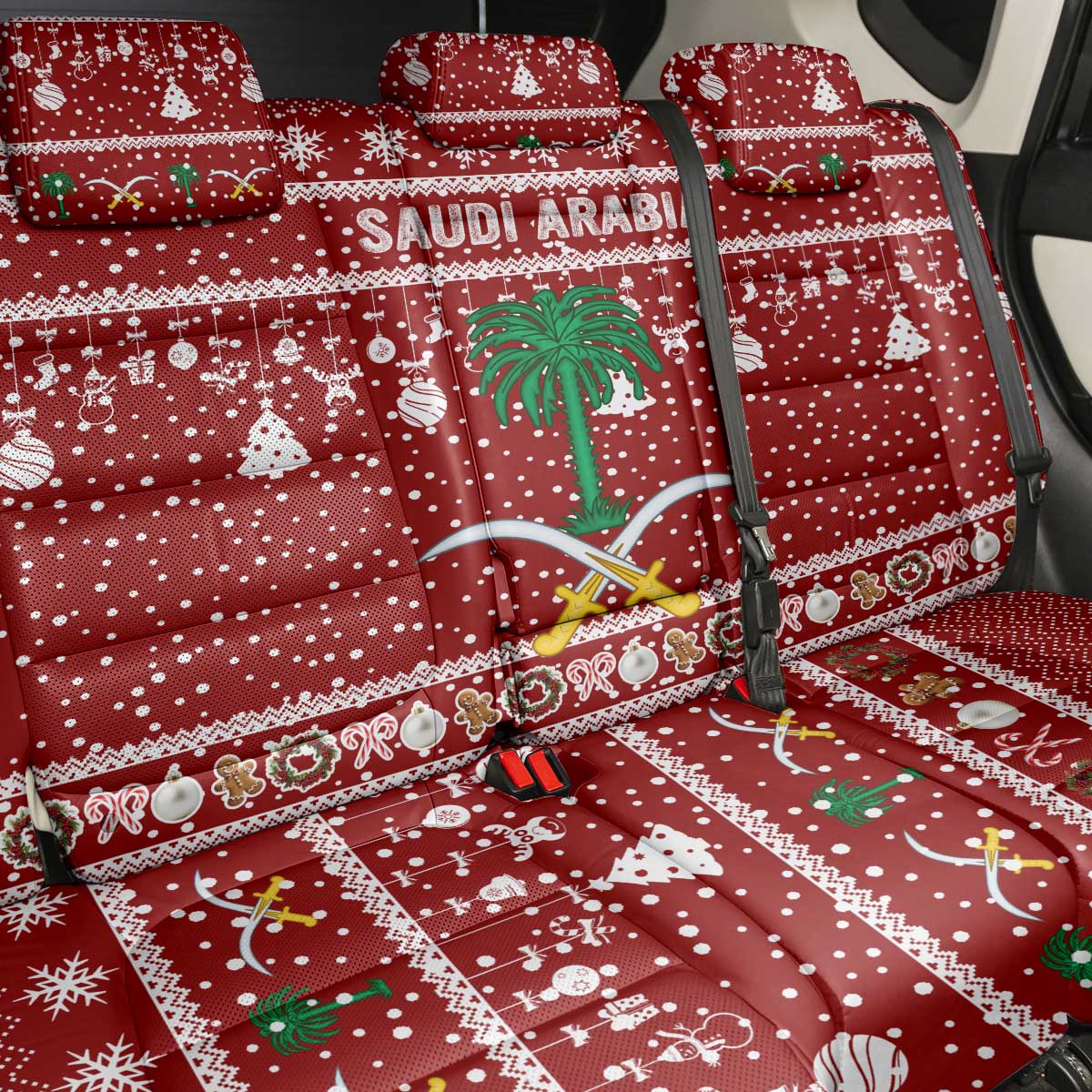 Saudi Arabia Christmas Back Car Seat Cover with Red Festive Pattern, National Emblem with Palm and Swords, and Map Motif - Wonder Print Shop