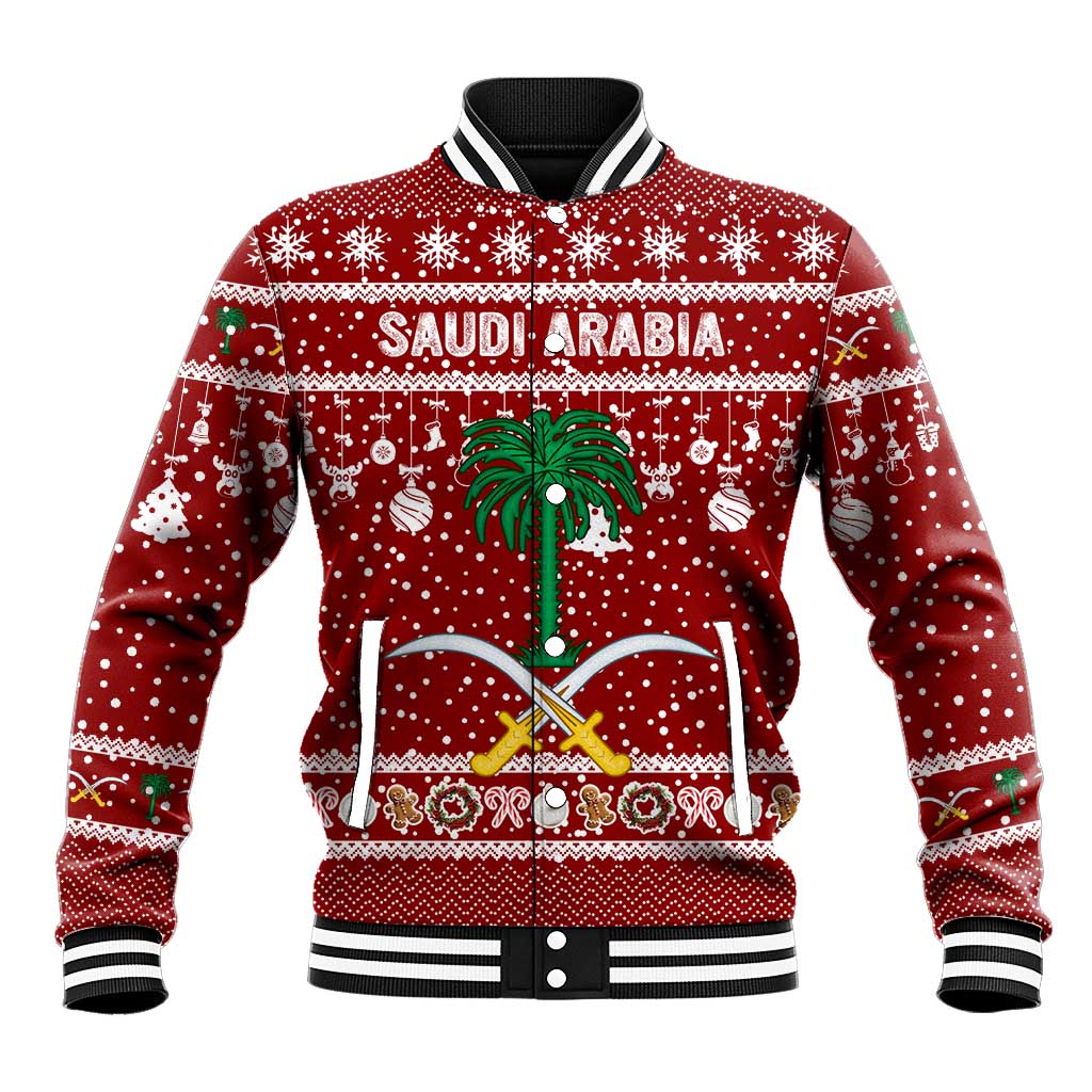 Saudi Arabia Christmas Baseball Jacket with Red Festive Pattern, National Emblem with Palm and Swords, and Map Motif - Wonder Print Shop