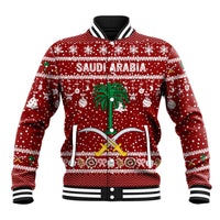 Saudi Arabia Christmas Baseball Jacket with Red Festive Pattern, National Emblem with Palm and Swords, and Map Motif - Wonder Print Shop