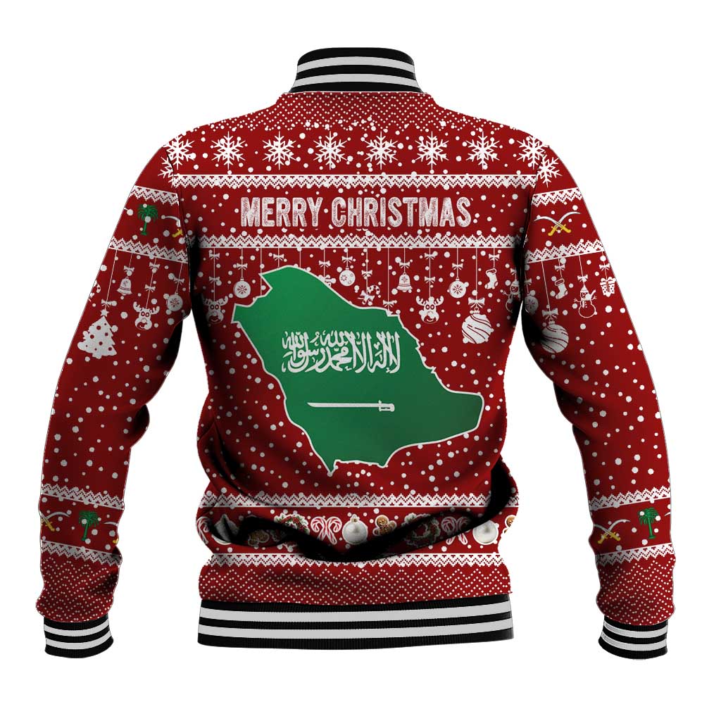 Saudi Arabia Christmas Baseball Jacket with Red Festive Pattern, National Emblem with Palm and Swords, and Map Motif - Wonder Print Shop