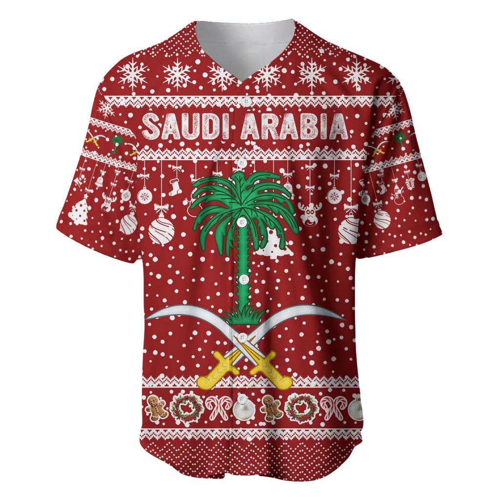 Saudi Arabia Christmas Baseball Jersey with Red Festive Pattern, National Emblem with Palm and Swords, and Map Motif - Wonder Print Shop