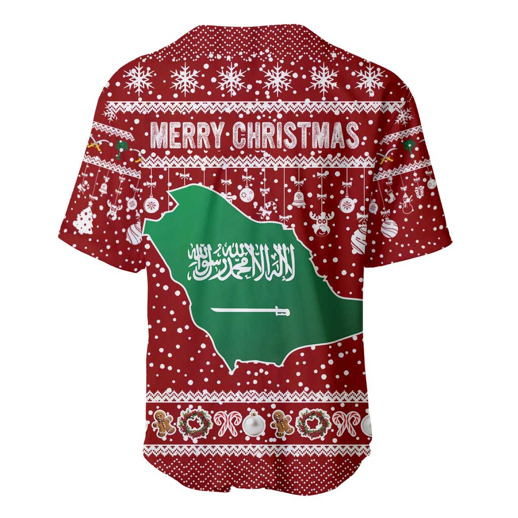 Saudi Arabia Christmas Baseball Jersey with Red Festive Pattern, National Emblem with Palm and Swords, and Map Motif - Wonder Print Shop