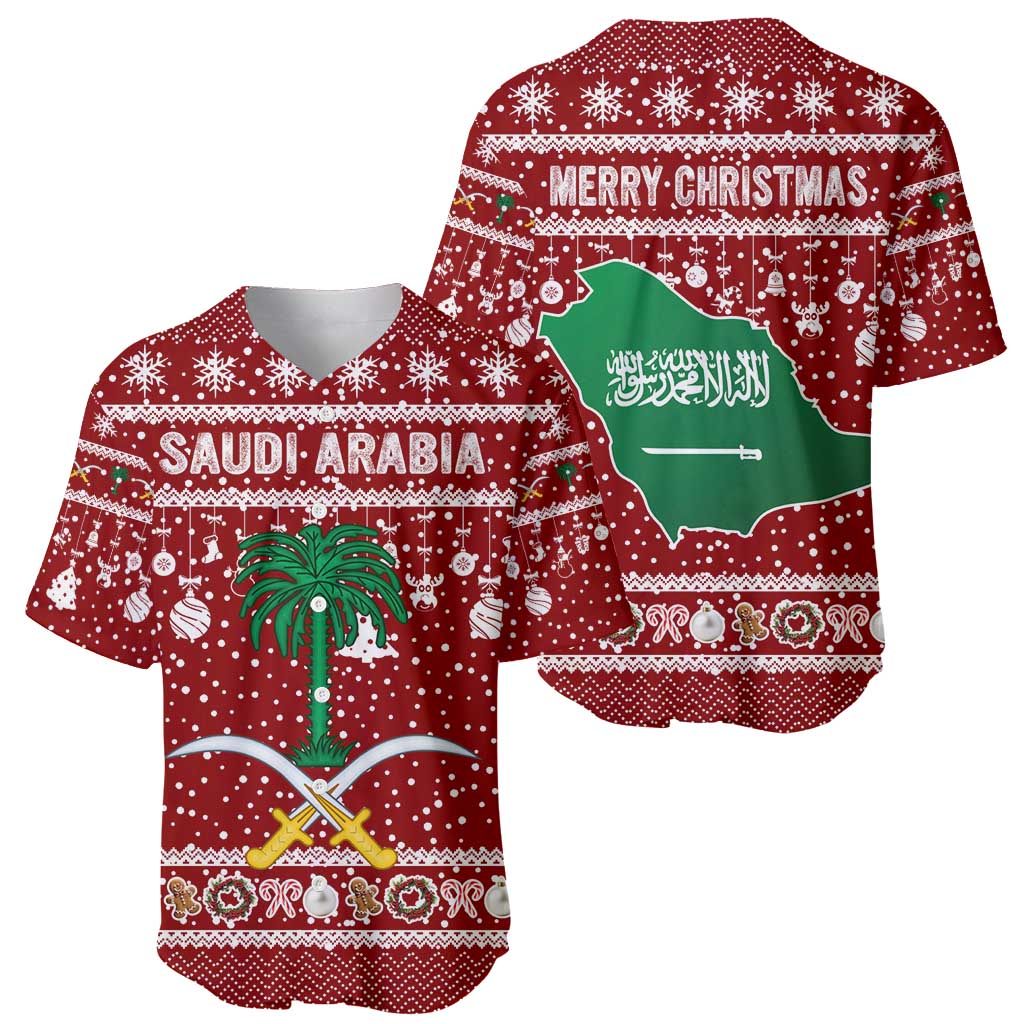 Saudi Arabia Christmas Baseball Jersey with Red Festive Pattern, National Emblem with Palm and Swords, and Map Motif - Wonder Print Shop