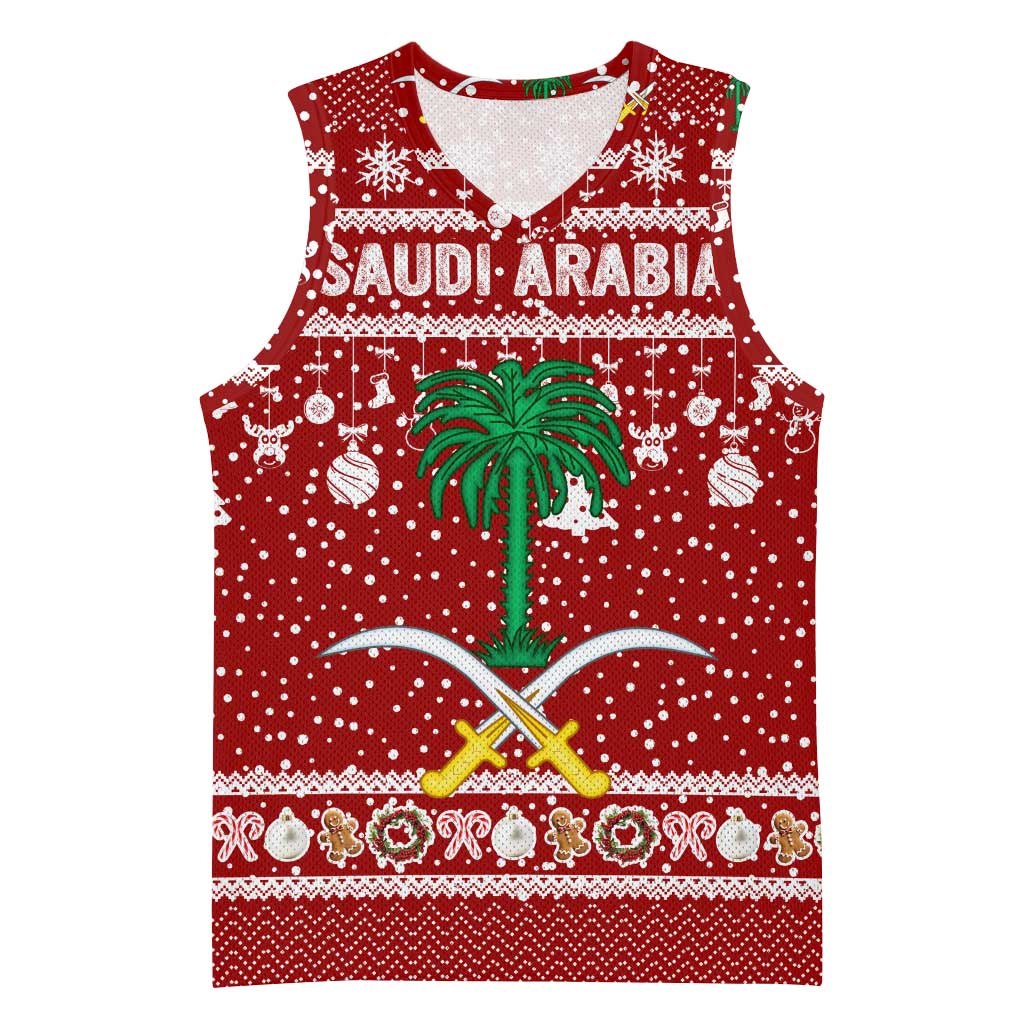 Saudi Arabia Christmas Basketball Jersey with Red Festive Pattern, National Emblem with Palm and Swords, and Map Motif - Wonder Print Shop