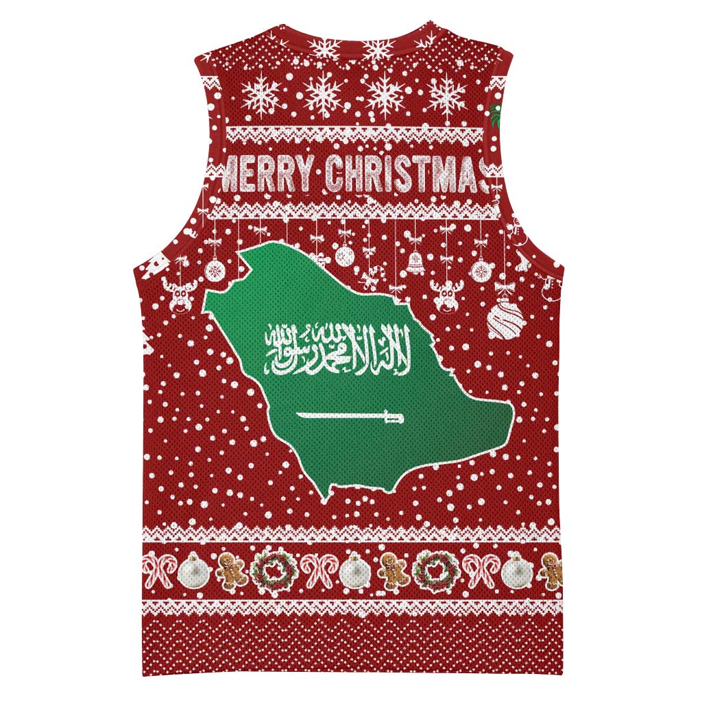 Saudi Arabia Christmas Basketball Jersey with Red Festive Pattern, National Emblem with Palm and Swords, and Map Motif - Wonder Print Shop