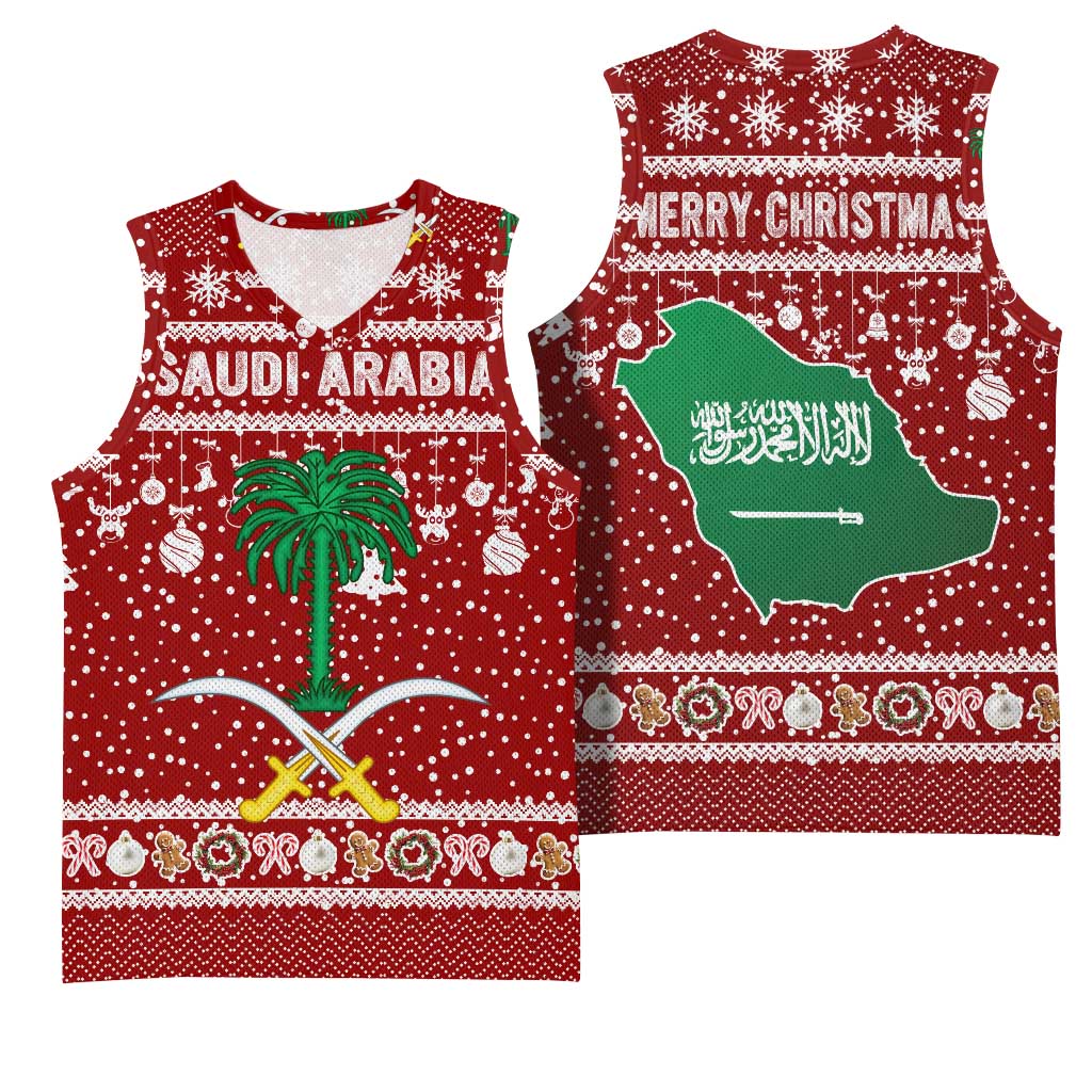 Saudi Arabia Christmas Basketball Jersey with Red Festive Pattern, National Emblem with Palm and Swords, and Map Motif - Wonder Print Shop