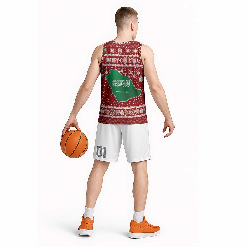 Saudi Arabia Christmas Basketball Jersey with Red Festive Pattern, National Emblem with Palm and Swords, and Map Motif - Wonder Print Shop