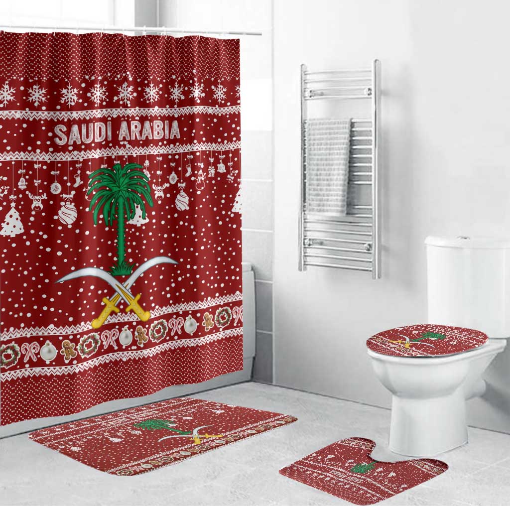 Saudi Arabia Christmas Bathroom Set with Red Festive Pattern, National Emblem with Palm and Swords, and Map Motif - Wonder Print Shop