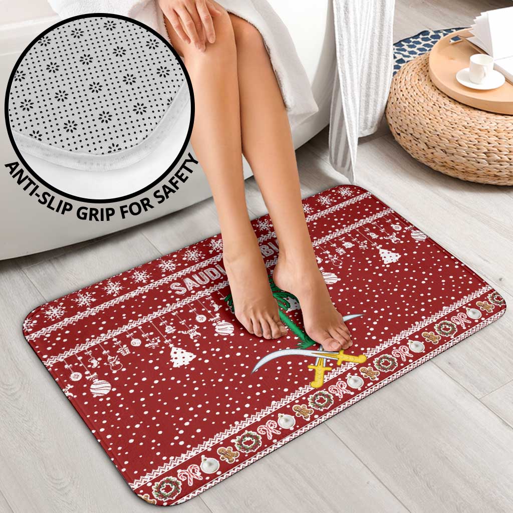 Saudi Arabia Christmas Bathroom Set with Red Festive Pattern, National Emblem with Palm and Swords, and Map Motif - Wonder Print Shop
