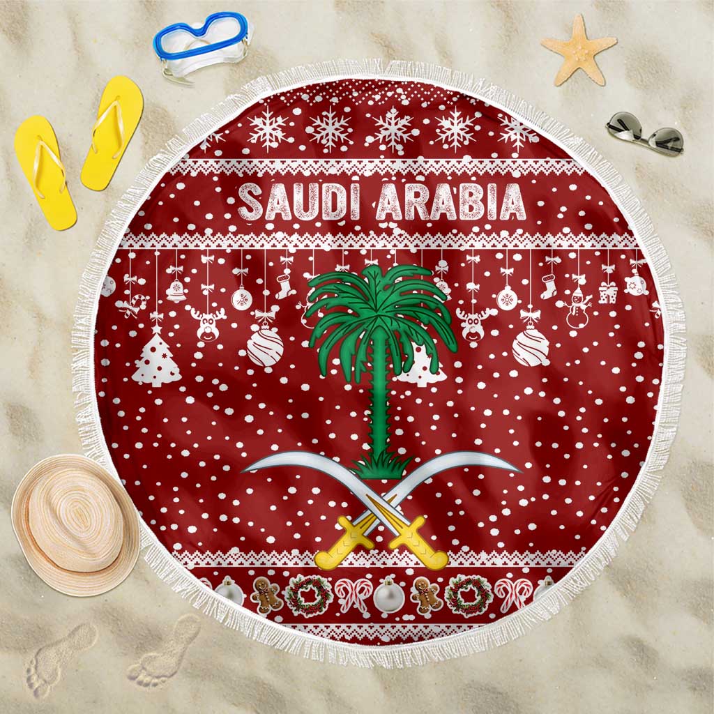 Saudi Arabia Christmas Beach Blanket with Red Festive Pattern, National Emblem with Palm and Swords, and Map Motif - Wonder Print Shop