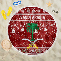 Saudi Arabia Christmas Beach Blanket with Red Festive Pattern, National Emblem with Palm and Swords, and Map Motif - Wonder Print Shop