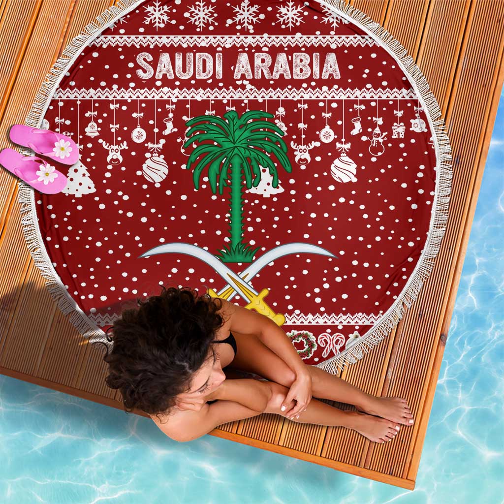 Saudi Arabia Christmas Beach Blanket with Red Festive Pattern, National Emblem with Palm and Swords, and Map Motif - Wonder Print Shop