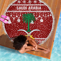 Saudi Arabia Christmas Beach Blanket with Red Festive Pattern, National Emblem with Palm and Swords, and Map Motif - Wonder Print Shop