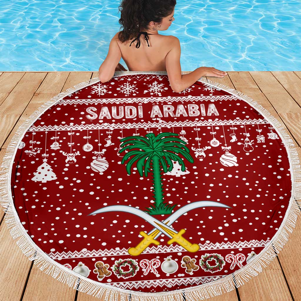 Saudi Arabia Christmas Beach Blanket with Red Festive Pattern, National Emblem with Palm and Swords, and Map Motif - Wonder Print Shop