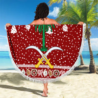 Saudi Arabia Christmas Beach Blanket with Red Festive Pattern, National Emblem with Palm and Swords, and Map Motif - Wonder Print Shop