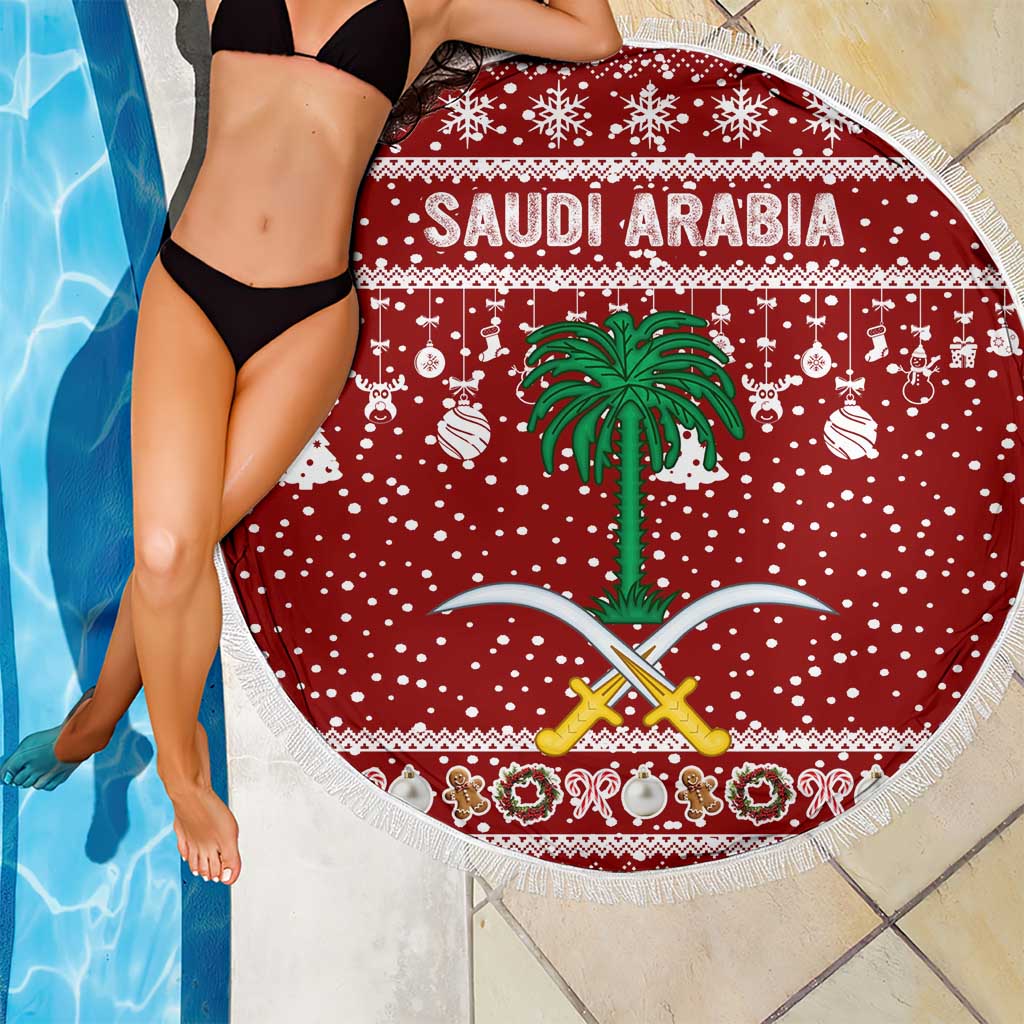 Saudi Arabia Christmas Beach Blanket with Red Festive Pattern, National Emblem with Palm and Swords, and Map Motif - Wonder Print Shop