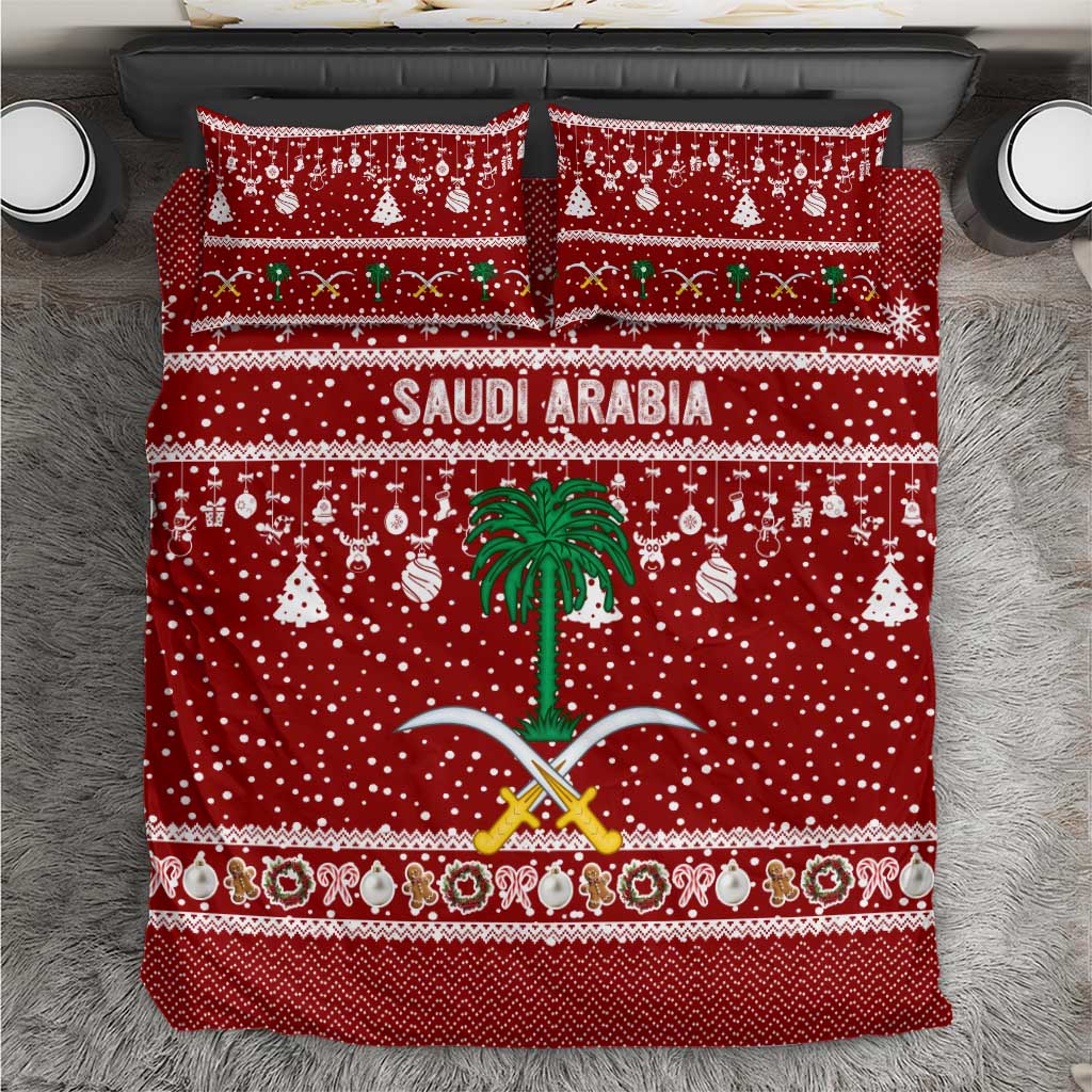 Saudi Arabia Christmas Bedding Set with Red Festive Pattern, National Emblem with Palm and Swords, and Map Motif - Wonder Print Shop