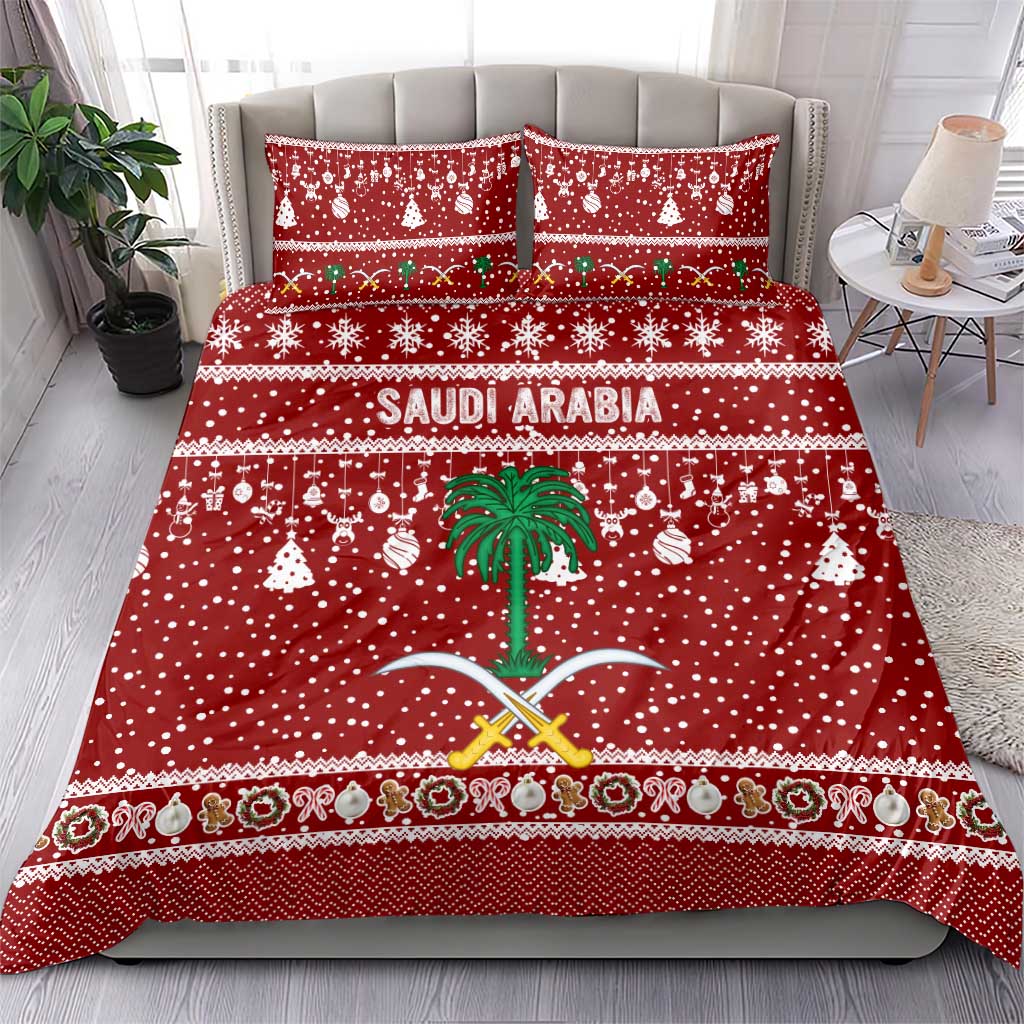 Saudi Arabia Christmas Bedding Set with Red Festive Pattern, National Emblem with Palm and Swords, and Map Motif - Wonder Print Shop