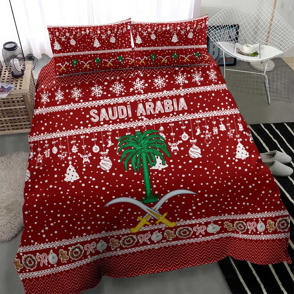Saudi Arabia Christmas Bedding Set with Red Festive Pattern, National Emblem with Palm and Swords, and Map Motif - Wonder Print Shop