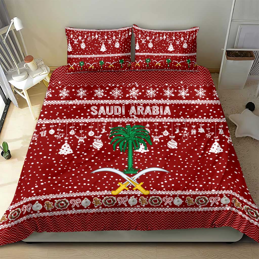 Saudi Arabia Christmas Bedding Set with Red Festive Pattern, National Emblem with Palm and Swords, and Map Motif - Wonder Print Shop