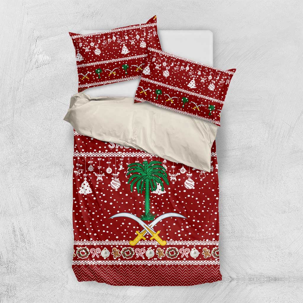 Saudi Arabia Christmas Bedding Set with Red Festive Pattern, National Emblem with Palm and Swords, and Map Motif - Wonder Print Shop