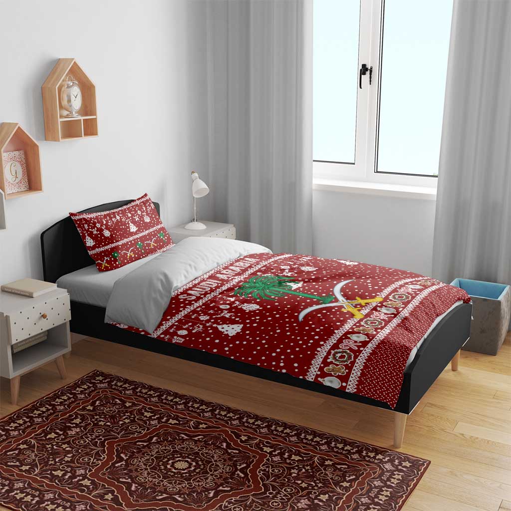 Saudi Arabia Christmas Bedding Set with Red Festive Pattern, National Emblem with Palm and Swords, and Map Motif - Wonder Print Shop