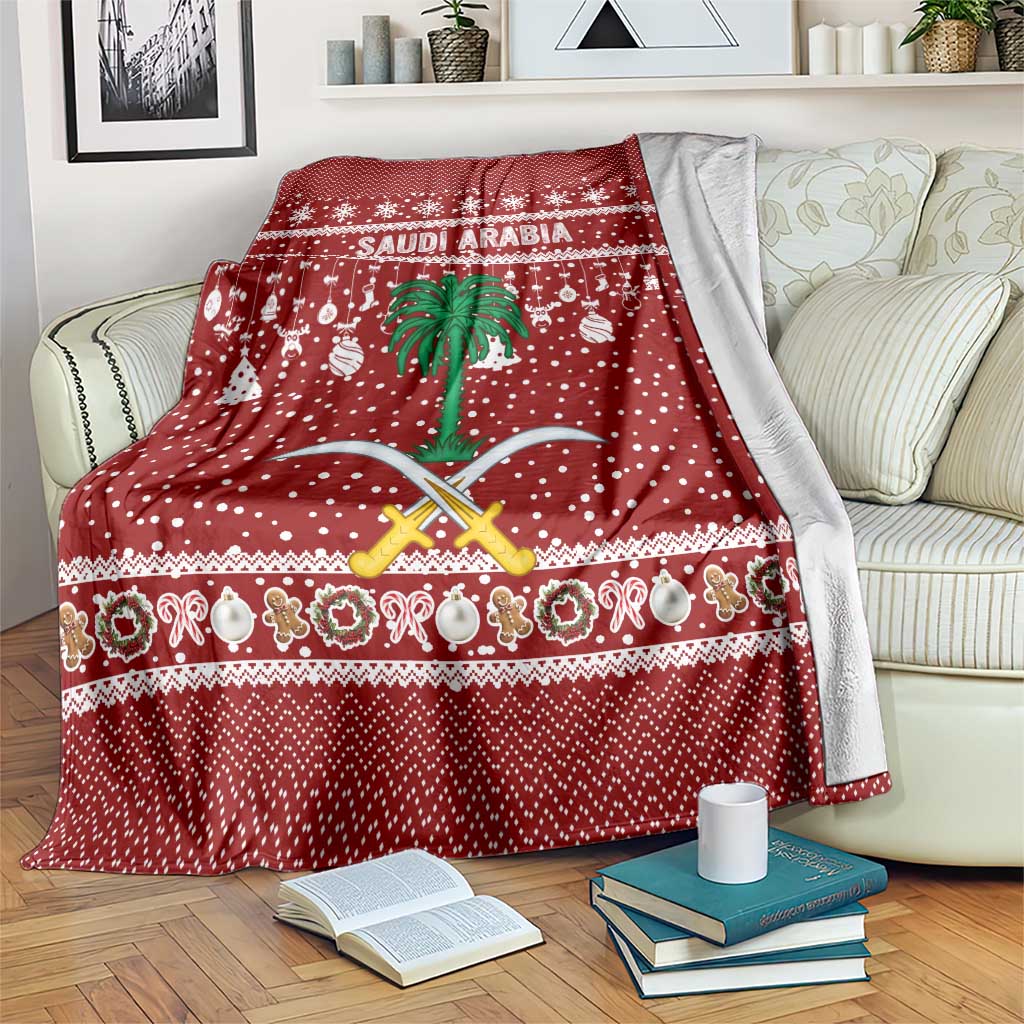 Saudi Arabia Christmas Blanket with Red Festive Pattern, National Emblem with Palm and Swords, and Map Motif - Wonder Print Shop