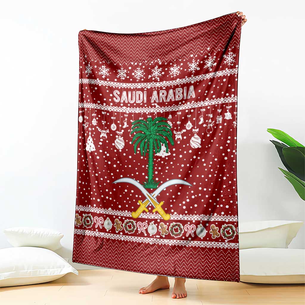Saudi Arabia Christmas Blanket with Red Festive Pattern, National Emblem with Palm and Swords, and Map Motif - Wonder Print Shop