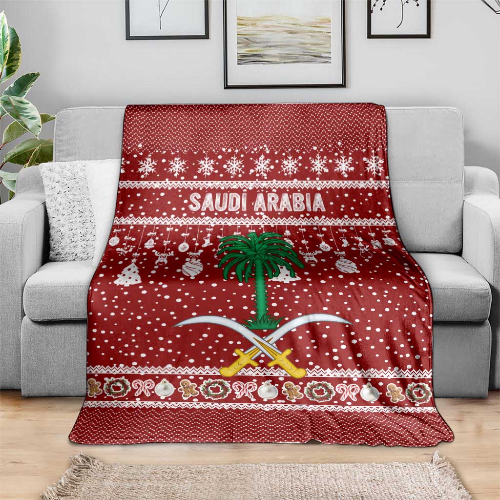 Saudi Arabia Christmas Blanket with Red Festive Pattern, National Emblem with Palm and Swords, and Map Motif - Wonder Print Shop