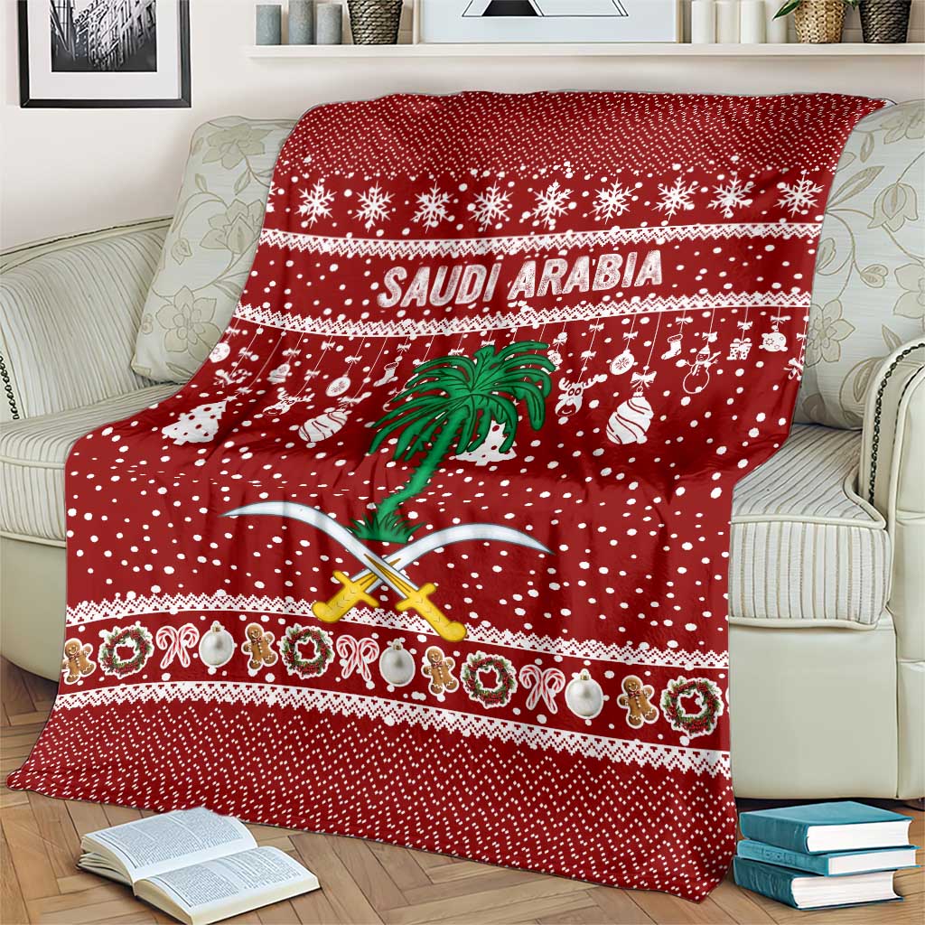 Saudi Arabia Christmas Blanket with Red Festive Pattern, National Emblem with Palm and Swords, and Map Motif - Wonder Print Shop