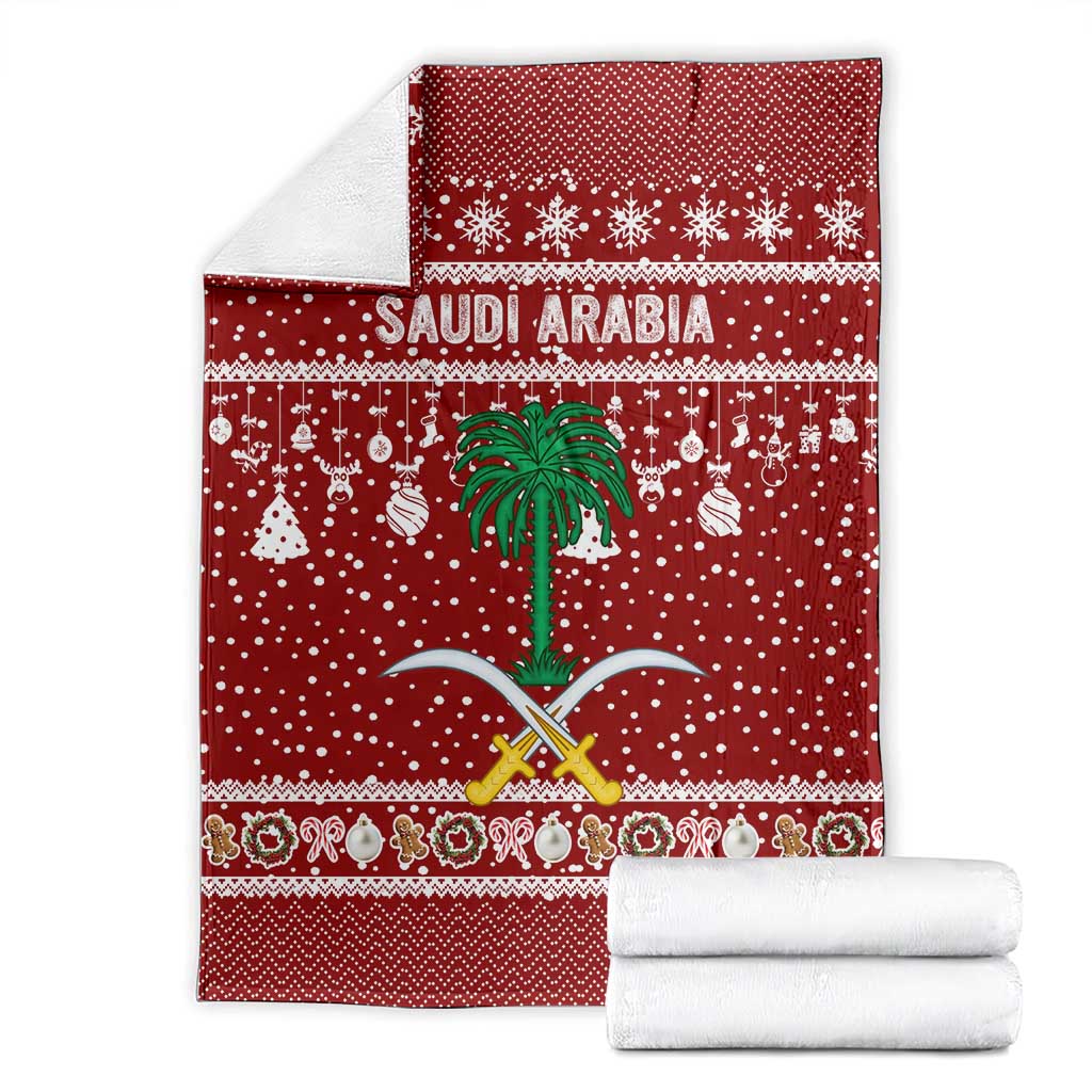 Saudi Arabia Christmas Blanket with Red Festive Pattern, National Emblem with Palm and Swords, and Map Motif - Wonder Print Shop