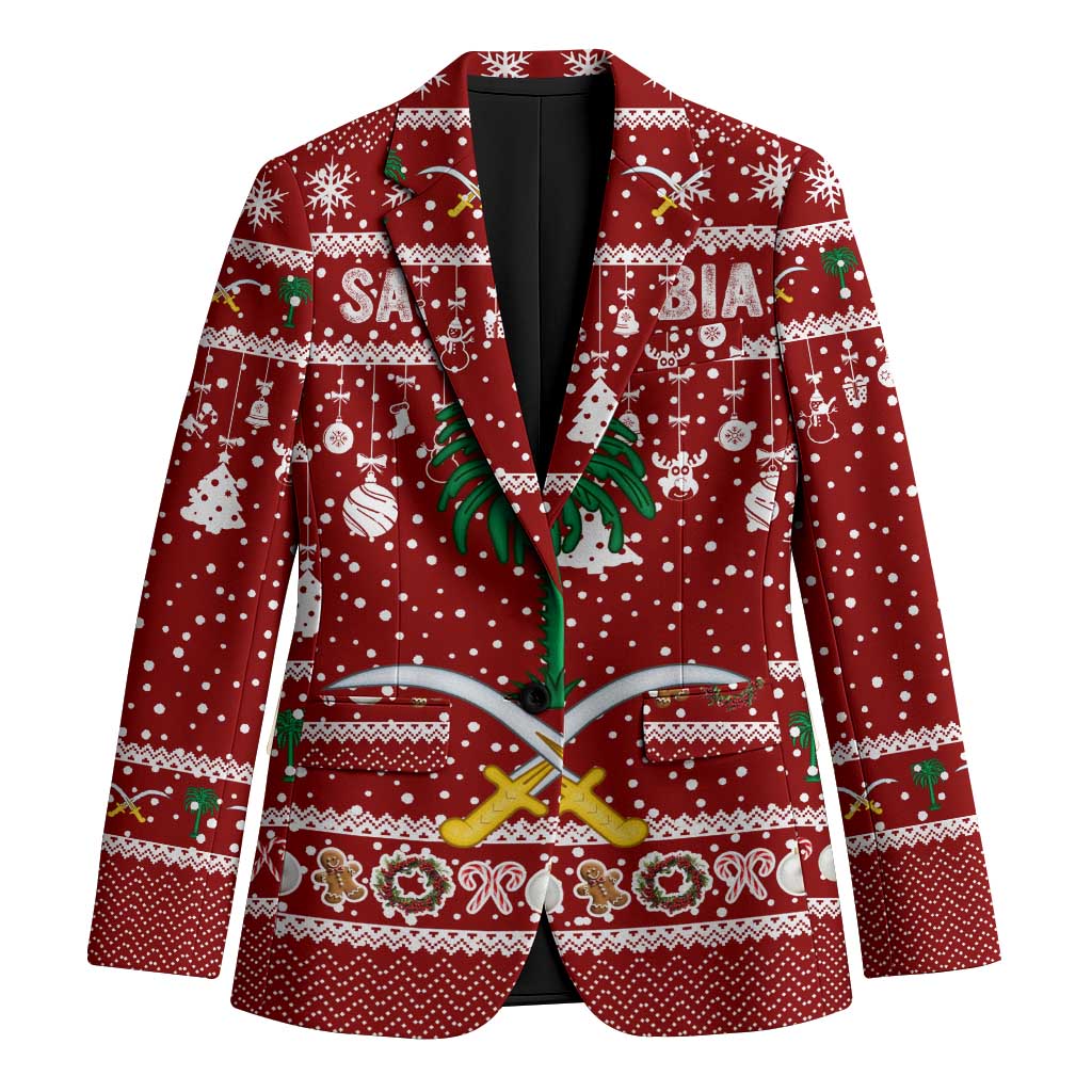 Saudi Arabia Christmas Blazer with Red Festive Pattern, National Emblem with Palm and Swords, and Map Motif - Wonder Print Shop