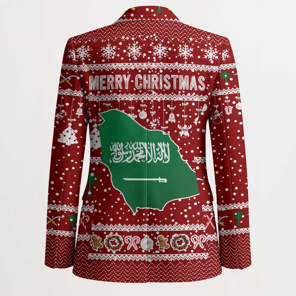 Saudi Arabia Christmas Blazer with Red Festive Pattern, National Emblem with Palm and Swords, and Map Motif - Wonder Print Shop
