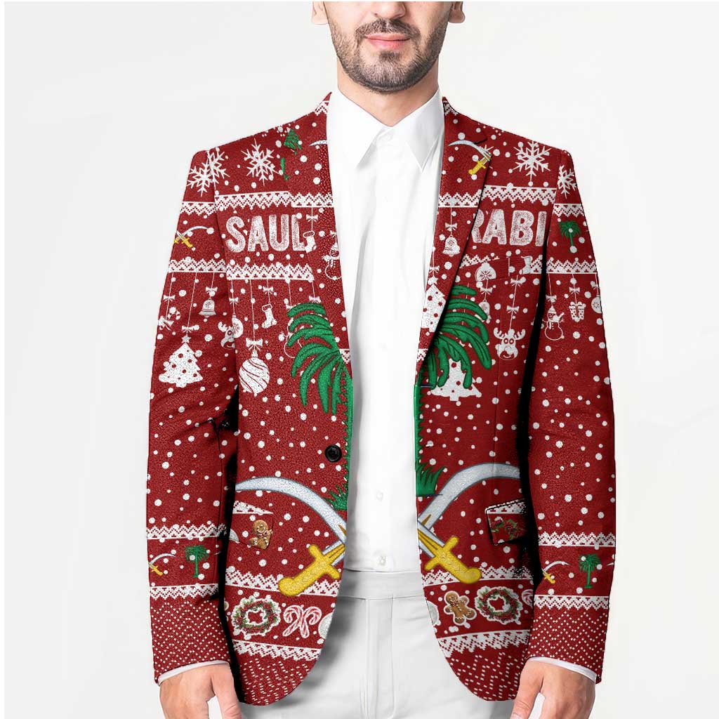 Saudi Arabia Christmas Blazer with Red Festive Pattern, National Emblem with Palm and Swords, and Map Motif - Wonder Print Shop