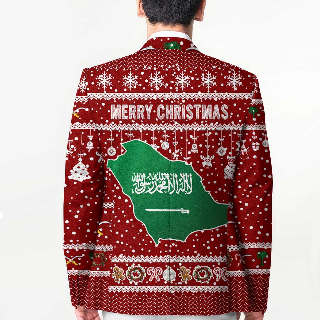 Saudi Arabia Christmas Blazer with Red Festive Pattern, National Emblem with Palm and Swords, and Map Motif - Wonder Print Shop