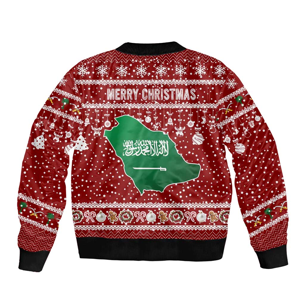 Saudi Arabia Christmas Bomber Jacket with Red Festive Pattern, National Emblem with Palm and Swords, and Map Motif - Wonder Print Shop