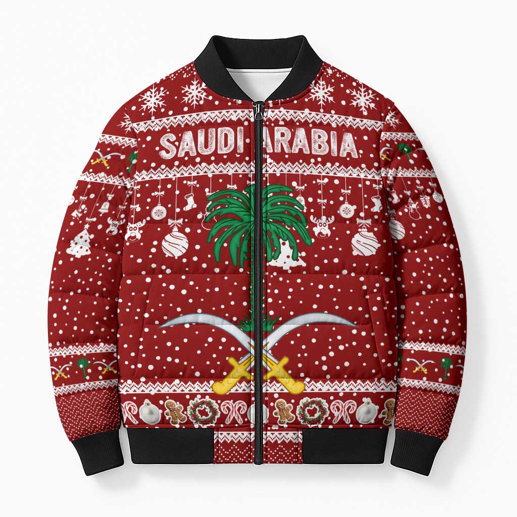 Saudi Arabia Christmas Bomber Puffer Jacket with Red Festive Pattern, National Emblem with Palm and Swords, and Map Motif - Wonder Print Shop
