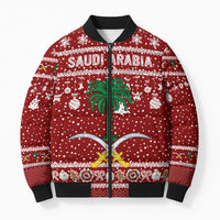 Saudi Arabia Christmas Bomber Puffer Jacket with Red Festive Pattern, National Emblem with Palm and Swords, and Map Motif - Wonder Print Shop