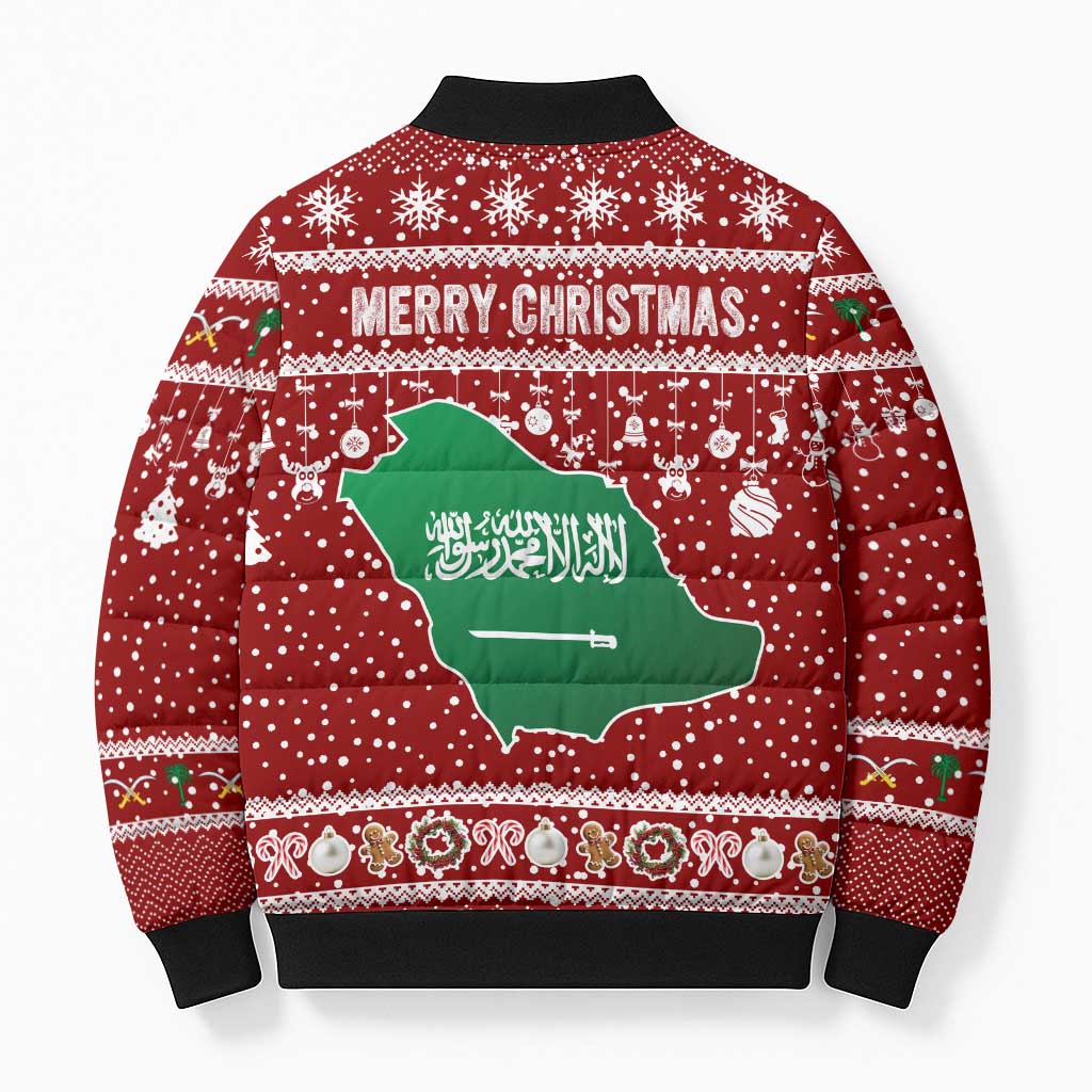 Saudi Arabia Christmas Bomber Puffer Jacket with Red Festive Pattern, National Emblem with Palm and Swords, and Map Motif - Wonder Print Shop