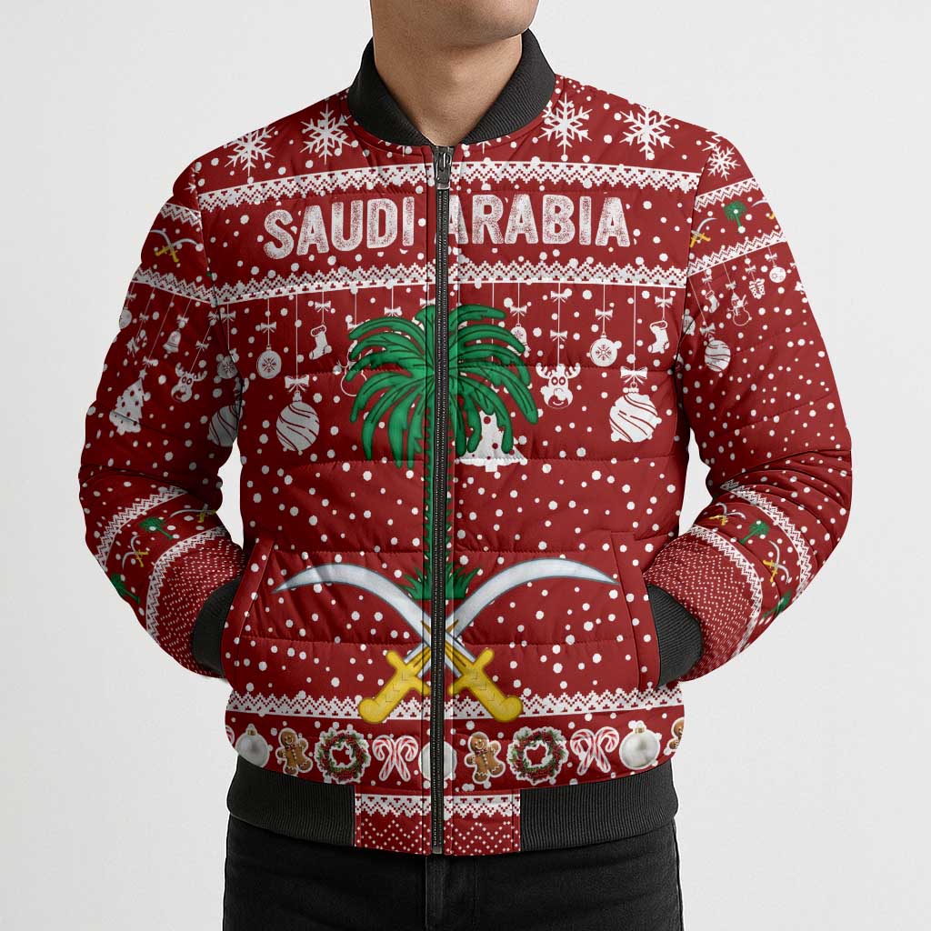 Saudi Arabia Christmas Bomber Puffer Jacket with Red Festive Pattern, National Emblem with Palm and Swords, and Map Motif - Wonder Print Shop