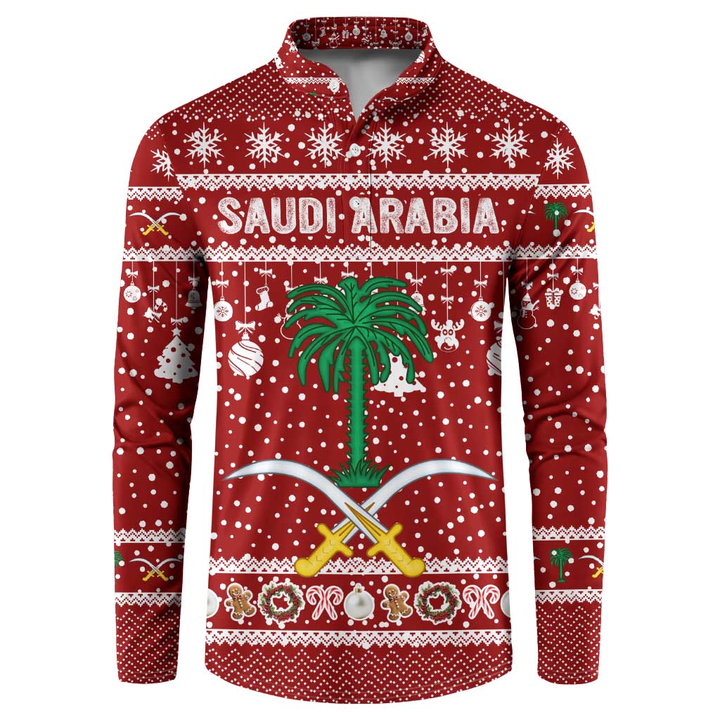 Saudi Arabia Christmas Button Sweatshirt with Red Festive Pattern, National Emblem with Palm and Swords, and Map Motif - Wonder Print Shop