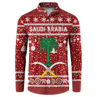 Saudi Arabia Christmas Button Sweatshirt with Red Festive Pattern, National Emblem with Palm and Swords, and Map Motif - Wonder Print Shop